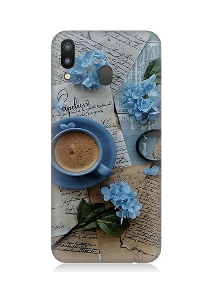 Samsung Galaxy M20 Uyumlu Mavi Çiçekler ve Mektuplar Desenli Silikon Kılıf