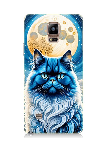 Samsung Galaxy Note 4 Uyumlu Asil Mavi Kedi ve Ay Desenli Silikon Kılıf