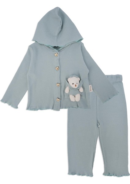 Kız Bebek Düğmeli Ayıcıklı Kapüşonlu Raporlu 2'li Alt Üst Takım