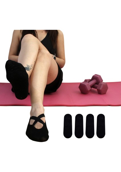 4 Çift Bambu Siyah Kaymaz Taban Silikon Baskılı Yoga Fitness Pilates Ve Aktivite Kadın Çorabı