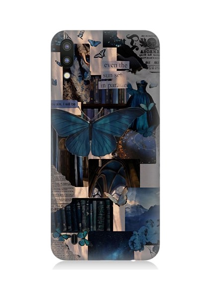 Samsung Galaxy M10 Uyumlu Mavi Kelebekler ve Gazete Desenli Silikon Kılıf