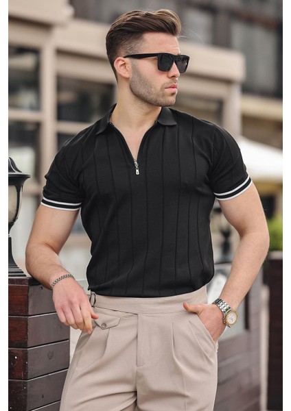 Erkek Siyah Polo Yaka Fermuarlı Tişört 6876