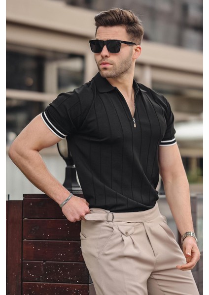 Erkek Siyah Polo Yaka Fermuarlı Tişört 6876 fiyatları