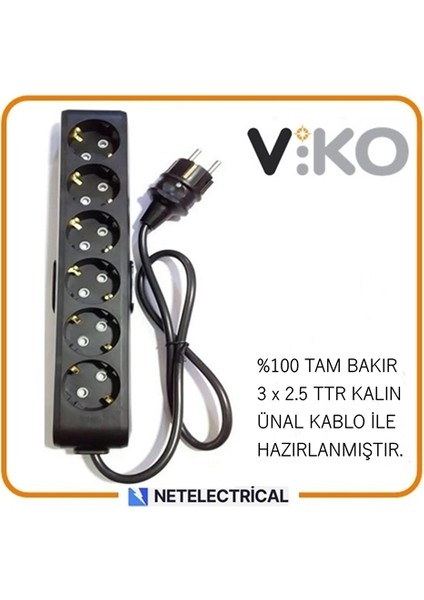 Multi-Let Siyah 6'lı 6 Metre Topraklı Çocuk Korumalı Kablolu Grup Priz (3x2.5 Ttr Tam Bakır Kalın Kablolu)