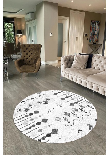 Dijital Baskılı Kaymaz Yıkanabilir Iskandinav Yuvarlak Salon Halısı, N-Y-Iskandinav-24-Beyaz,