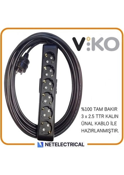 Multi-Let Siyah 6'lı 9 Metre Topraklı Çocuk Korumalı Kablolu Grup Priz (3x2.5 Ttr Tam Bakır Kalın Kablolu)