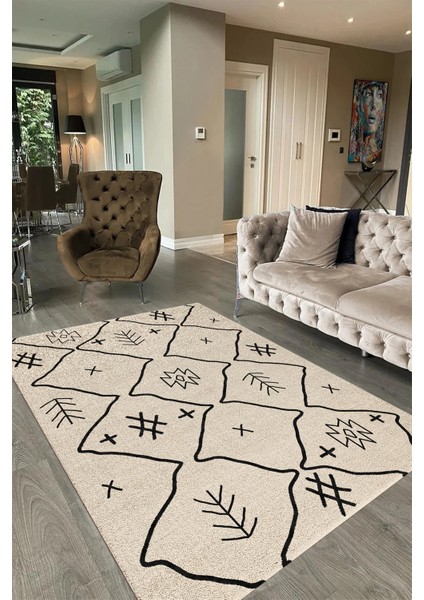 Dijital Baskılı Kaymaz Taban Yıkanabilir Iskandinav Yolluk Salon Halısı, N-Iskandinav-04-Krem,