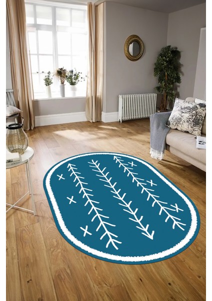 Dijital Baskılı Kaymaz Taban Yıkanabilir Iskandinav Oval Salon Halısı, N-O-Iskandinav-07-Mavi,