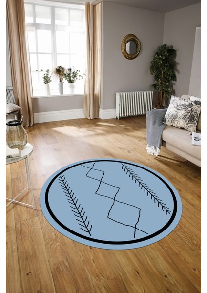 Dijital Baskılı Kaymaz Yıkanabilir Iskandinav Yuvarlak Salon Halısı, N-Y-Iskandinav-01-Mavi, indirimleri