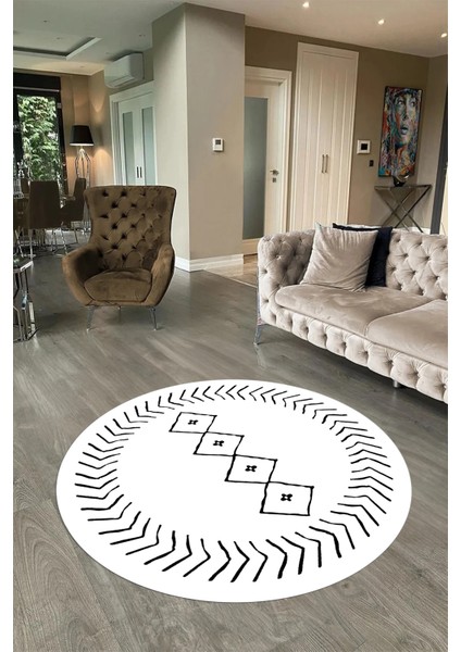 Dijital Baskılı Kaymaz Yıkanabilir Iskandinav Yuvarlak Salon Halısı, N-Y-Iskandinav-02-Beyaz,