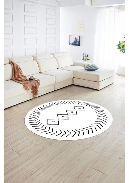 Dijital Baskılı Kaymaz Yıkanabilir Iskandinav Yuvarlak Salon Halısı, N-Y-Iskandinav-02-Beyaz,
