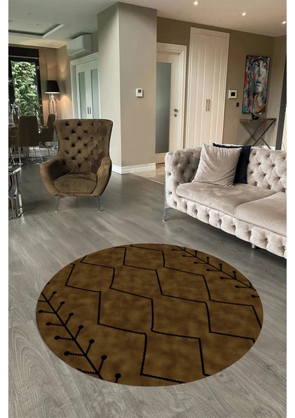 Dijital Baskılı Kaymaz Yıkanabilir Iskandinav Yuvarlak Salon Halısı, N-Y-Iskandinav-06-Kahve,