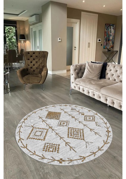 Dijital Baskılı Kaymaz Yıkanabilir Iskandinav Yuvarlak Salon Halısı, N-Y-Iskandinav-11-Kahve,