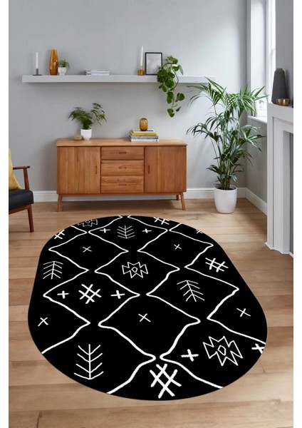 Dijital Baskılı Kaymaz Taban Yıkanabilir Iskandinav Oval Salon Halısı, N-O-Iskandinav-04-Siyah, fiyatları