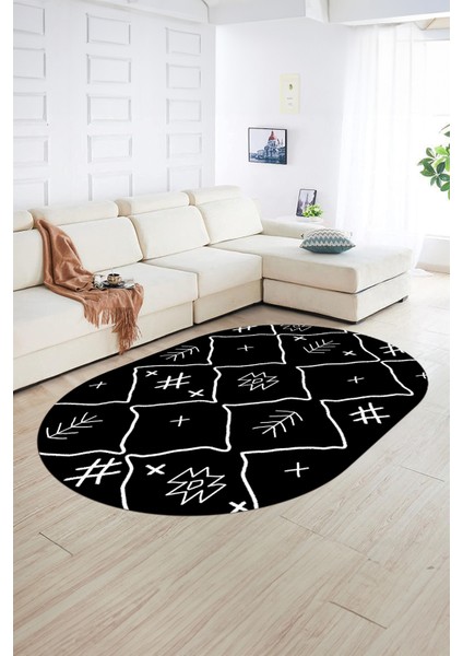 Dijital Baskılı Kaymaz Taban Yıkanabilir Iskandinav Oval Salon Halısı, N-O-Iskandinav-04-Siyah, fırsatları