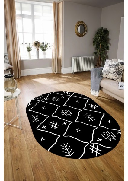 Dijital Baskılı Kaymaz Taban Yıkanabilir Iskandinav Oval Salon Halısı, N-O-Iskandinav-04-Siyah, indirimleri