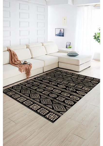 Dijital Baskılı Kaymaz Taban Yıkanabilir Iskandinav Yolluk Salon Halısı, N-Iskandinav-23-Siyah,