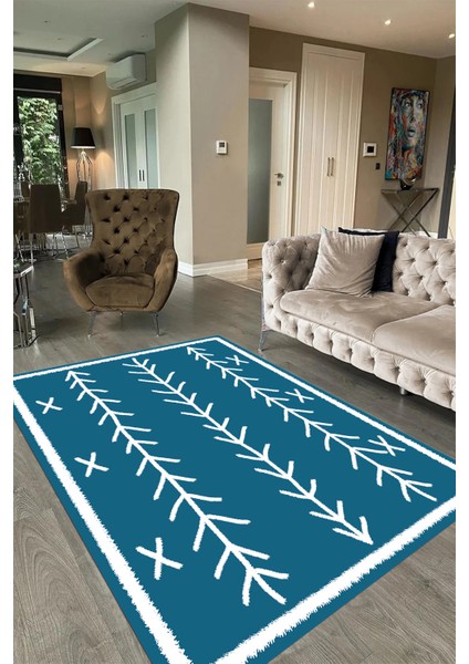 Dijital Baskılı Kaymaz Taban Yıkanabilir Iskandinav Yolluk Salon Halısı, N-Iskandinav-07-Mavi,