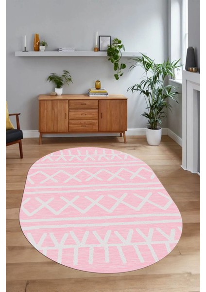 Dijital Baskılı Kaymaz Taban Yıkanabilir Iskandinav Oval Salon Halısı, N-O-Iskandinav-28-Pembe,