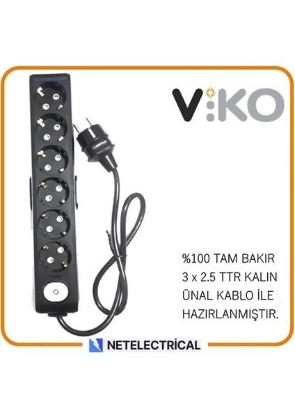 Multi-Let Siyah 6'lı 7 Metre Anahtarlı Topraklı Çocuk Korumalı Kablolu Grup Priz (3x2.5 Ttr Tam Bakır Kalın Kablolu)
