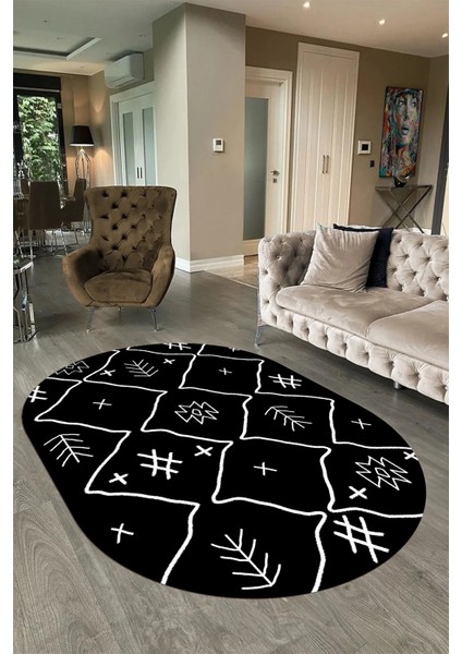 Dijital Baskılı Kaymaz Taban Yıkanabilir Iskandinav Oval Salon Halısı, N-O-Iskandinav-04-Siyah,