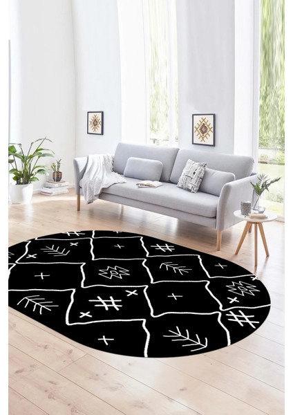 Dijital Baskılı Kaymaz Taban Yıkanabilir Iskandinav Oval Salon Halısı, N-O-Iskandinav-04-Siyah, modelleri