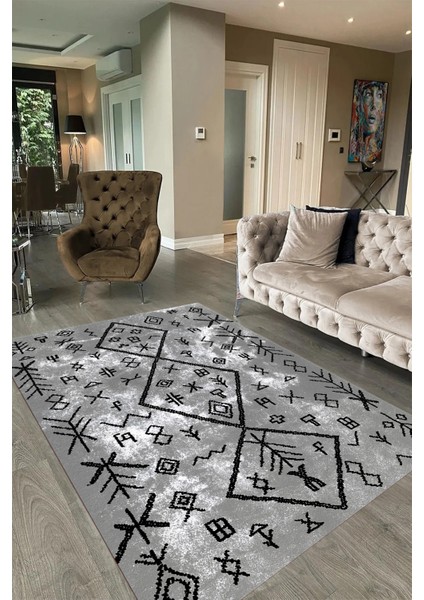 Dijital Baskılı Kaymaz Taban Yıkanabilir Iskandinav Yolluk Salon Halısı, N-Iskandinav-16-Gri,
