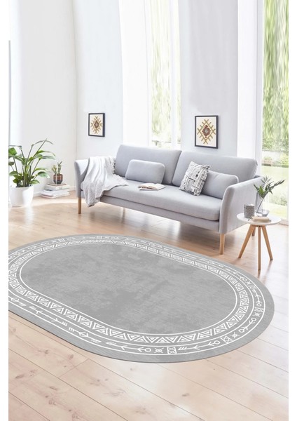 Dijital Baskılı Kaymaz Taban Yıkanabilir Iskandinav Oval Salon Halısı, N-O-Iskandinav-30-Gri,
