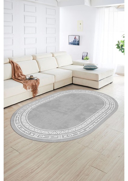 Dijital Baskılı Kaymaz Taban Yıkanabilir Iskandinav Oval Salon Halısı, N-O-Iskandinav-30-Gri,