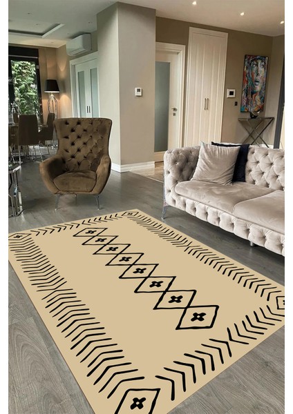 Dijital Baskılı Kaymaz Taban Yıkanabilir Iskandinav Yolluk Salon Halısı, N-Iskandinav-03-Krem,