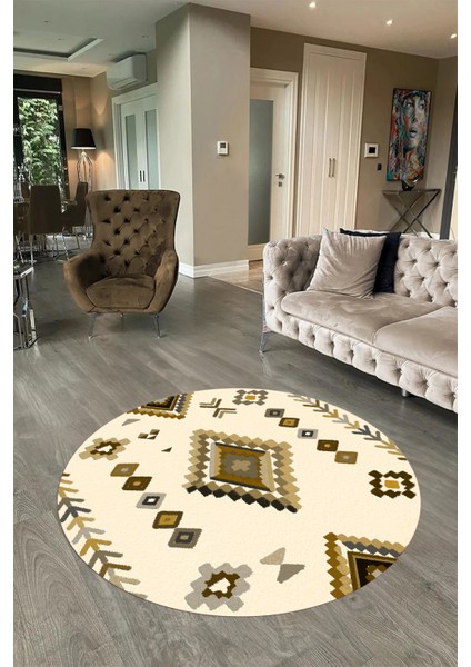Dijital Baskılı Kaymaz Yıkanabilir Iskandinav Yuvarlak Salon Halısı, N-Y-Iskandinav-15-Bej,