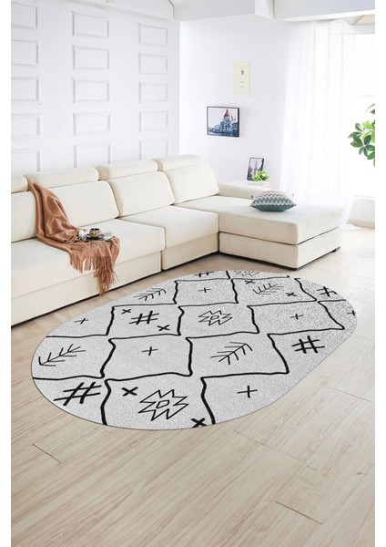 Dijital Baskılı Kaymaz Taban Yıkanabilir Iskandinav Oval Salon Halısı, N-O-Iskandinav-04-Gri, fırsatları