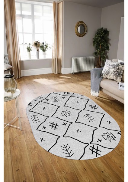 Dijital Baskılı Kaymaz Taban Yıkanabilir Iskandinav Oval Salon Halısı, N-O-Iskandinav-04-Gri, indirimleri