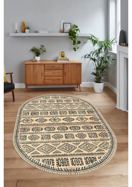 Dijital Baskılı Kaymaz Taban Yıkanabilir Iskandinav Oval Salon Halısı, N-O-Iskandinav-23-Krem, fiyatları