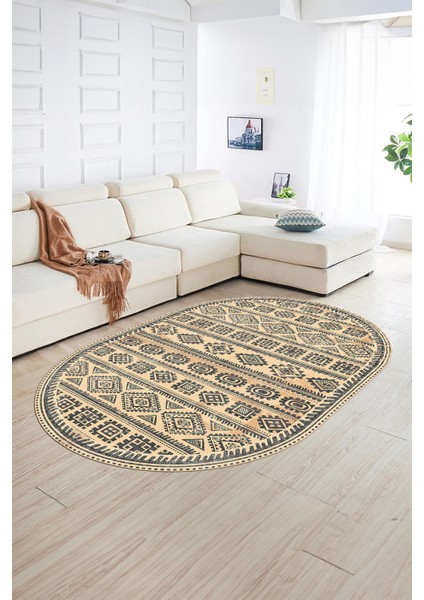 Dijital Baskılı Kaymaz Taban Yıkanabilir Iskandinav Oval Salon Halısı, N-O-Iskandinav-23-Krem, fırsatları