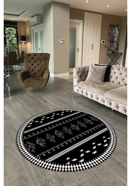 Dijital Baskılı Kaymaz Yıkanabilir Iskandinav Yuvarlak Salon Halısı, N-Y-Iskandinav-27-Siyah,