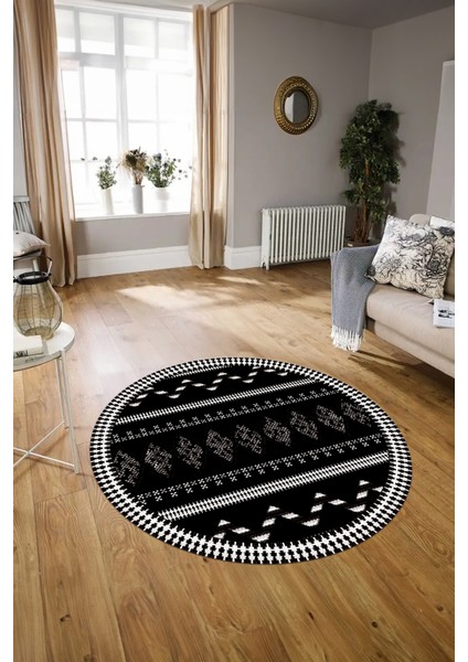 Dijital Baskılı Kaymaz Yıkanabilir Iskandinav Yuvarlak Salon Halısı, N-Y-Iskandinav-27-Siyah, indirimleri