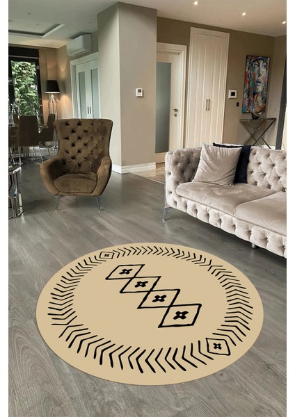Dijital Baskılı Kaymaz Yıkanabilir Iskandinav Yuvarlak Salon Halısı, N-Y-Iskandinav-03-Krem,