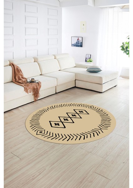 Dijital Baskılı Kaymaz Yıkanabilir Iskandinav Yuvarlak Salon Halısı, N-Y-Iskandinav-03-Krem,