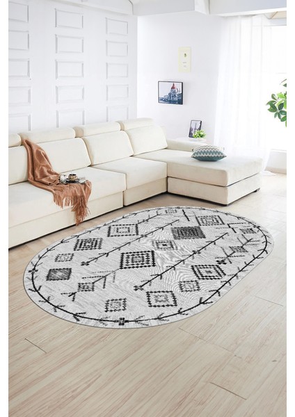 Dijital Baskılı Kaymaz Taban Yıkanabilir Iskandinav Oval Salon Halısı, N-O-Iskandinav-11-Gri,