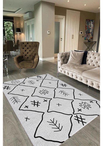 Dijital Baskılı Kaymaz Taban Yıkanabilir Iskandinav Yolluk Salon Halısı, N-Iskandinav-04-Gri,