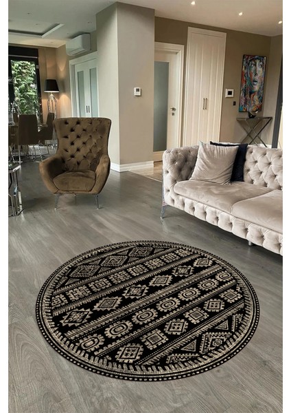Dijital Baskılı Kaymaz Yıkanabilir Iskandinav Yuvarlak Salon Halısı, N-Y-Iskandinav-23-Siyah,