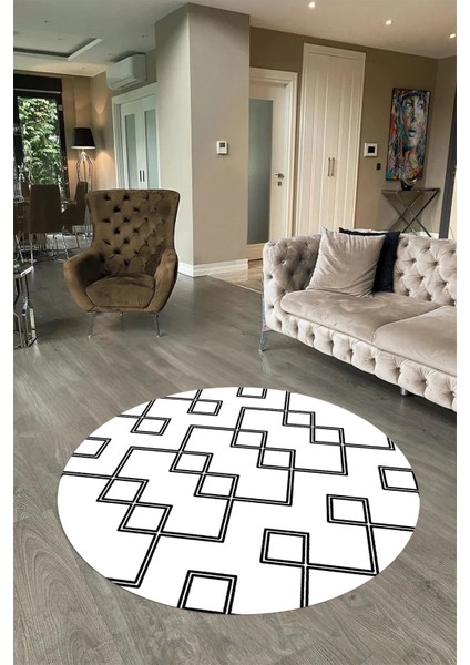 Dijital Baskılı Kaymaz Yıkanabilir Iskandinav Yuvarlak Salon Halısı, N-Y-Iskandinav-05-Beyaz,