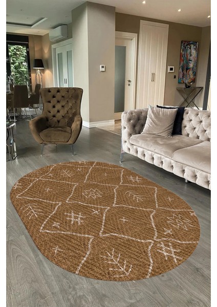 Dijital Baskılı Kaymaz Taban Yıkanabilir Iskandinav Oval Salon Halısı, N-O-Iskandinav-04-Kahve,