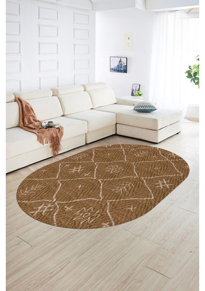 Dijital Baskılı Kaymaz Taban Yıkanabilir Iskandinav Oval Salon Halısı, N-O-Iskandinav-04-Kahve, fırsatları