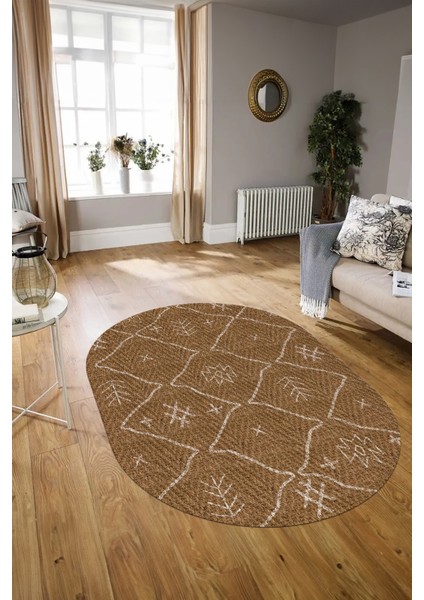Dijital Baskılı Kaymaz Taban Yıkanabilir Iskandinav Oval Salon Halısı, N-O-Iskandinav-04-Kahve, indirimleri
