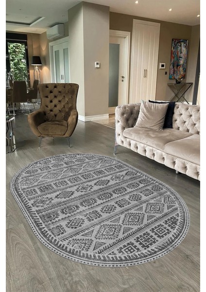Dijital Baskılı Kaymaz Taban Yıkanabilir Iskandinav Oval Salon Halısı, N-O-Iskandinav-23-Gri,