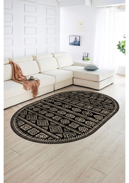 Dijital Baskılı Kaymaz Taban Yıkanabilir Iskandinav Oval Salon Halısı, N-O-Iskandinav-23-Siyah, fırsatları