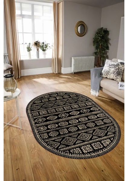 Dijital Baskılı Kaymaz Taban Yıkanabilir Iskandinav Oval Salon Halısı, N-O-Iskandinav-23-Siyah, indirimleri