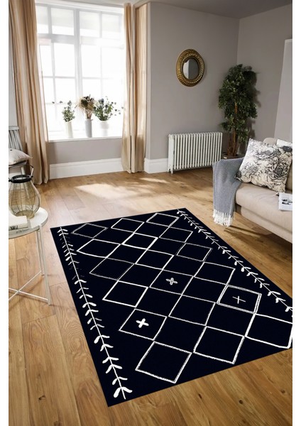 Dijital Baskılı Kaymaz Taban Yıkanabilir Iskandinav Yolluk Salon Halısı, N-Iskandinav-18-Lacivert, indirimleri
